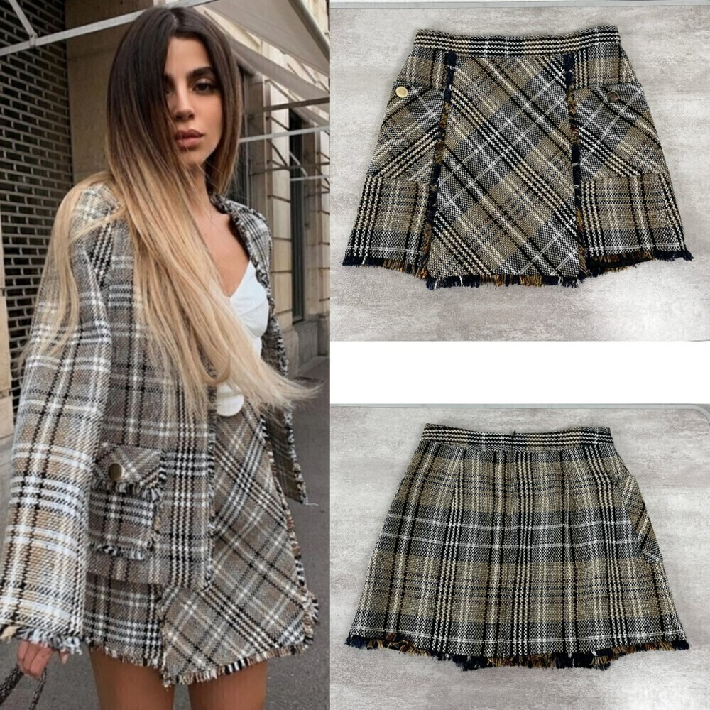 Zara Women's Size M Twill Tweed Plaid Fray Size M Preppy A Line Y2K Mini Skirt
